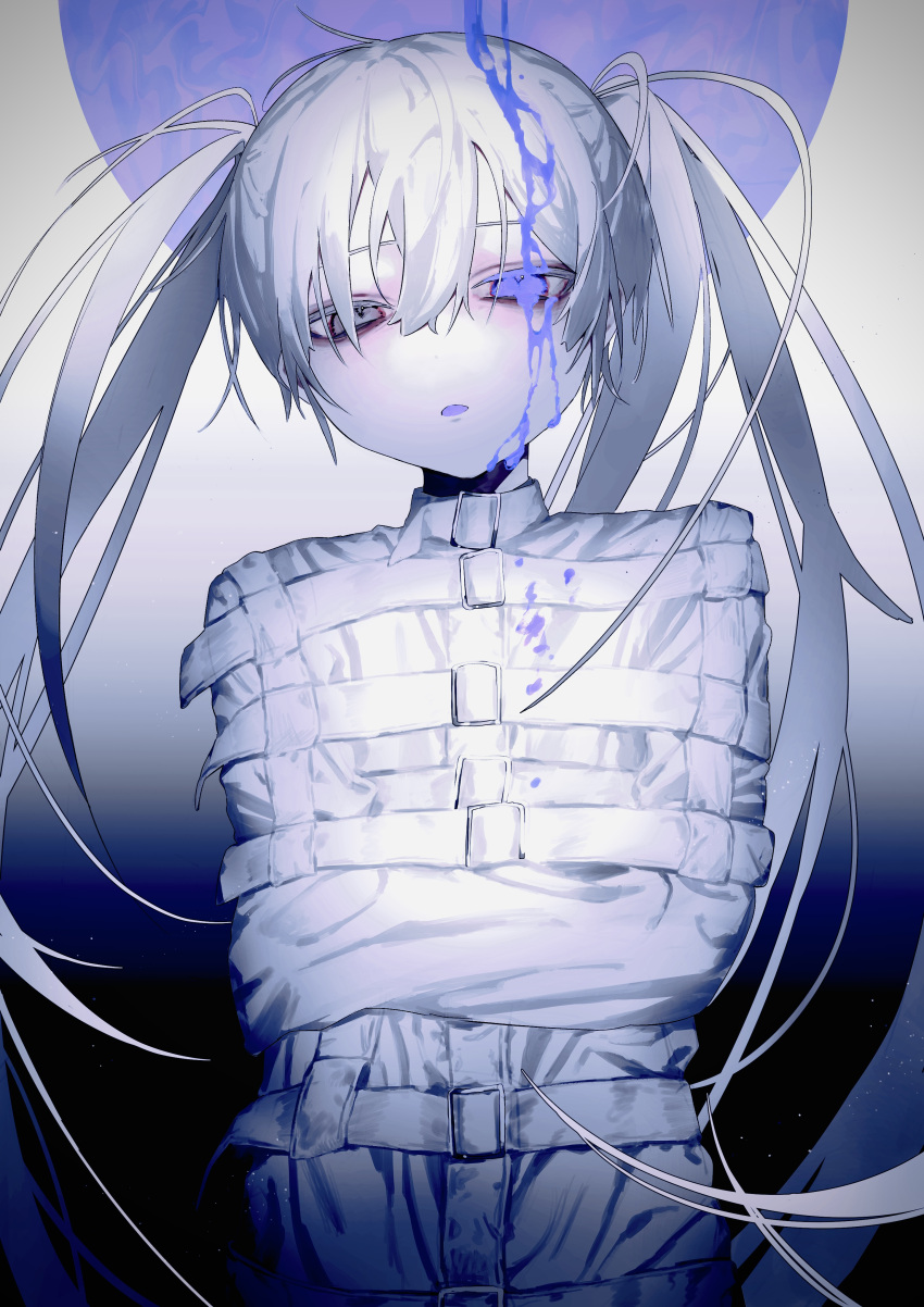 1girl, absurdres, bangs, blue_eyes, bound, dripping_eye, gradient_background, hair_between_eyes