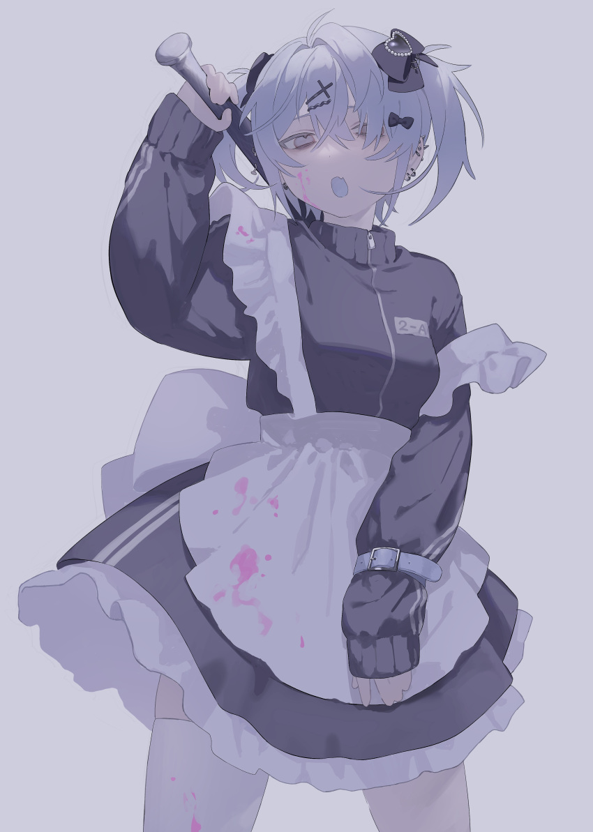 1girl, absurdres, apron, baseball_bat, belt, black_bow, blood, blood_on_clothes