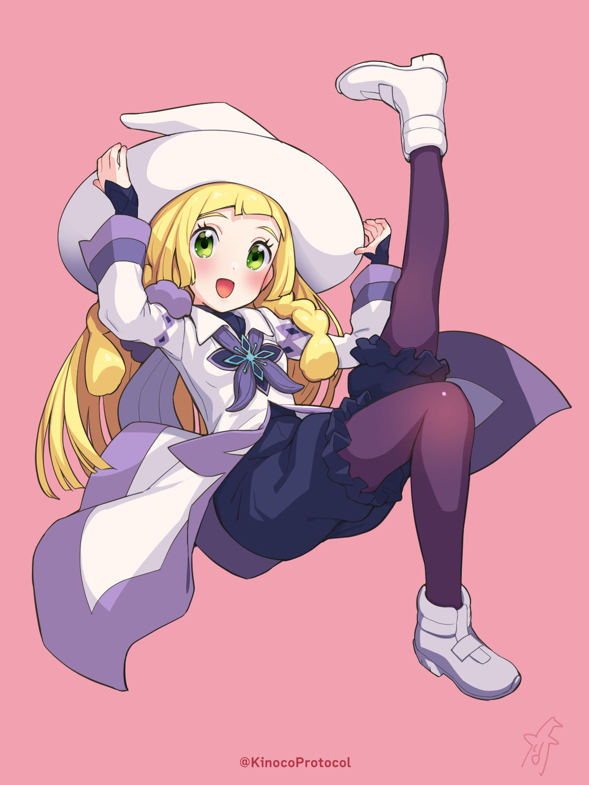 1girl, :d, arms_up, bangs, bede_(champion)_(pokemon), bede_(pokemon), bede_(pokemon)_(cosplay), blonde_hair