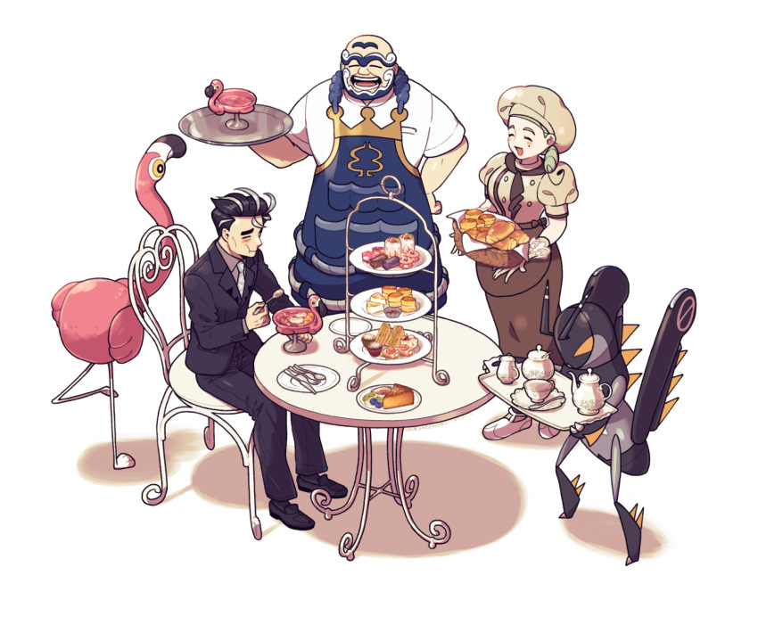 1girl, 2boys, apron, ascot, bald, batabiru, beard, black_hair