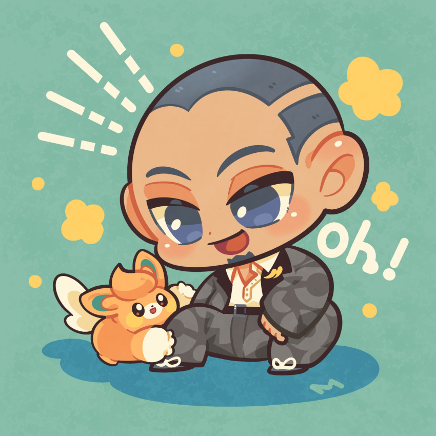 1boy, black_hair, buzz_cut, collared_shirt, dark-skinned_male, dark_skin, facial_hair, goatee, green_background, highres, jacket, meme, mintia1209, oh!_pamo-san_(meme), open_clothes, open_mouth, pawmi, pokemon, pokemon_(creature), pokemon_(game), pokemon_sv, salvatore_(pokemon), shirt, short_hair, smile, very_short_hair