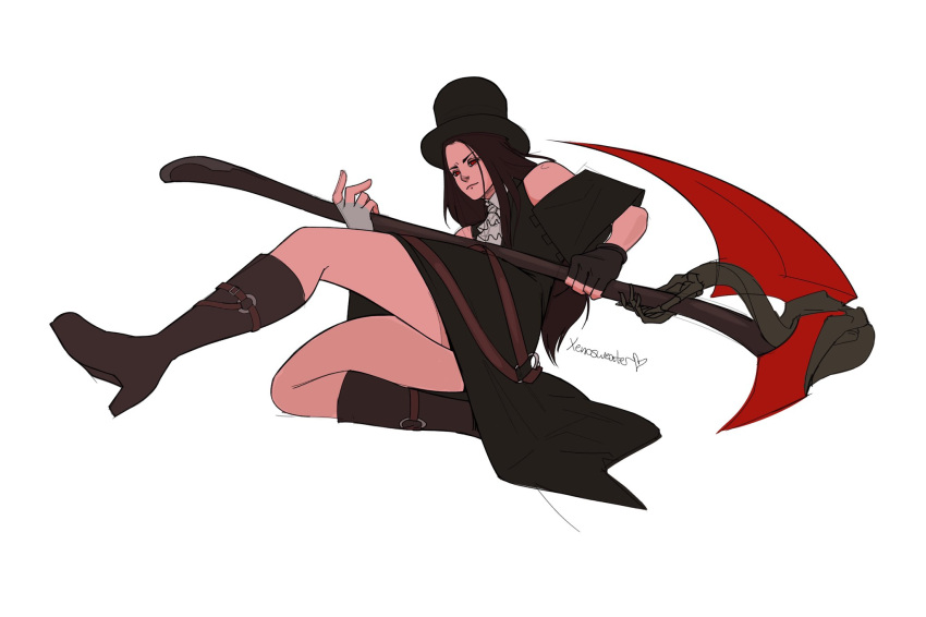 1other, androgynous, ascot, asymmetrical_gloves, black_gloves, black_hair, black_headwear, brown_footwear, gloves, guilty_gear, guilty_gear_strive, hat, highres, holding, holding_scythe, long_hair, looking_at_viewer, other_focus, red_eyes, scythe, testament_(guilty_gear), top_hat, white_ascot, white_gloves, xenosweater