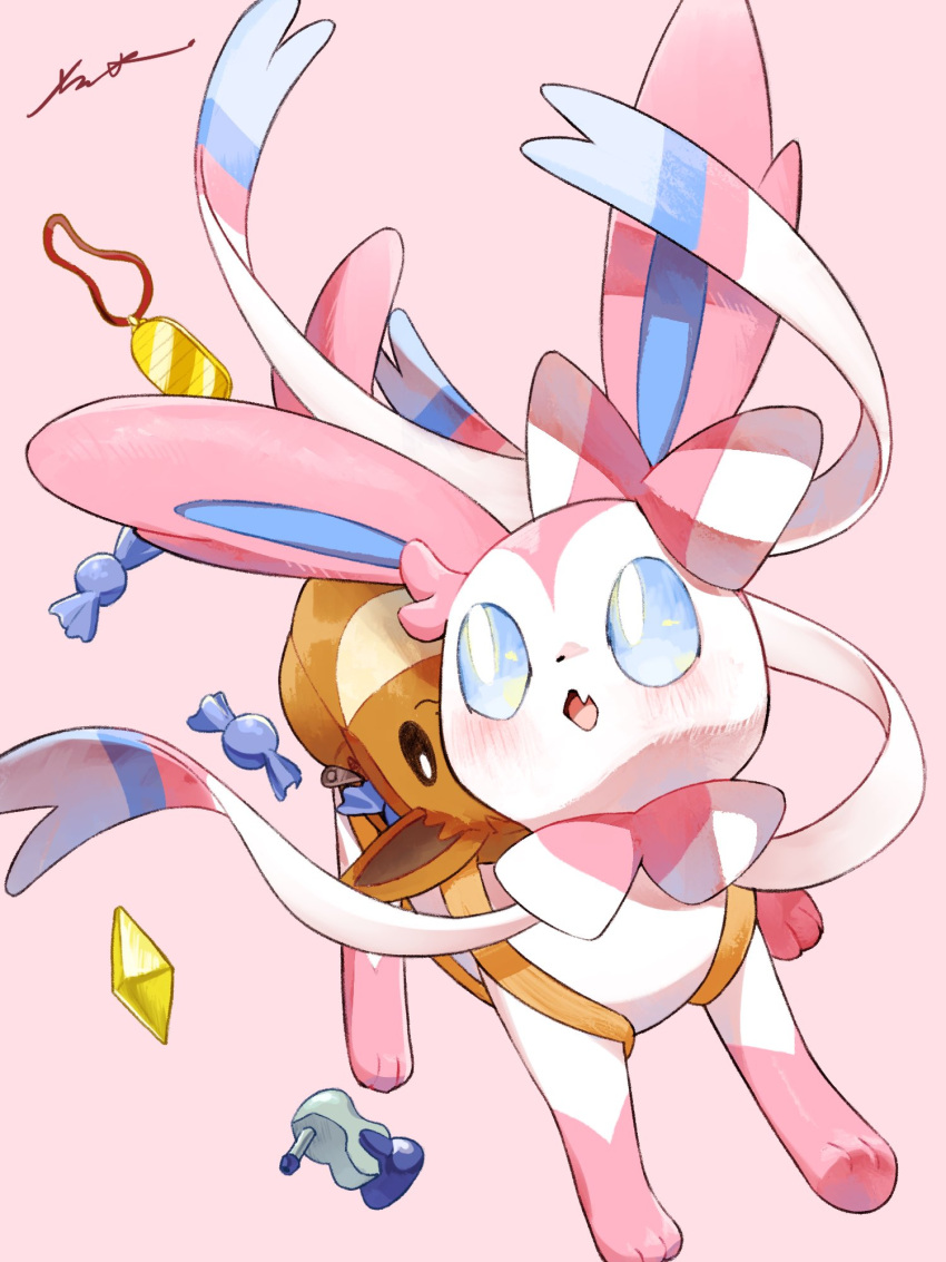 amulet_coin, backpack, bag, blue_eyes, blush, bright_pupils, brown_bag, candy_wrapper