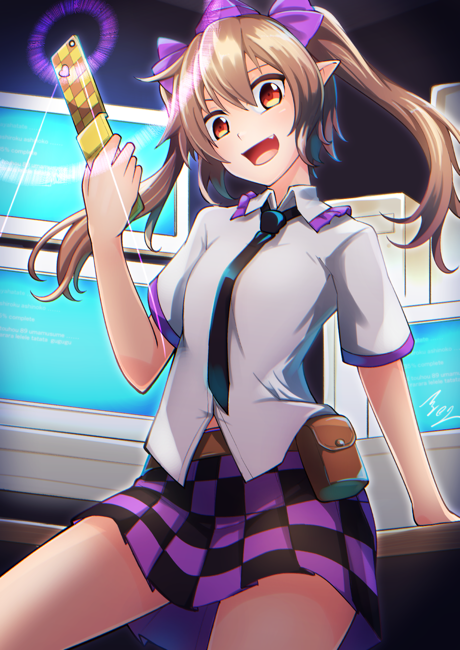 1girl, ashiroku_(miracle_hinacle), bangs, black_necktie, black_skirt, bow, brown_hair, cellphone