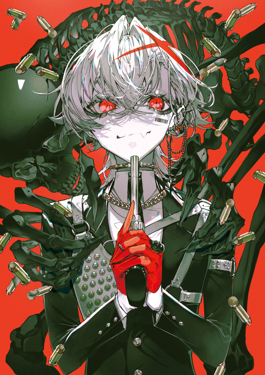 1boy, absurdres, albino, bags_under_eyes, bangs, barcode, barcode_tattoo, black_jacket