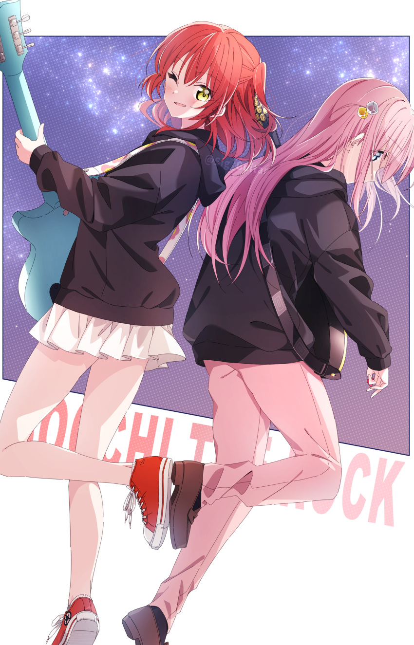 2girls, absurdres, back-to-back, bangs, bare_legs, black_hoodie, blue_eyes, bocchi_the_rock!