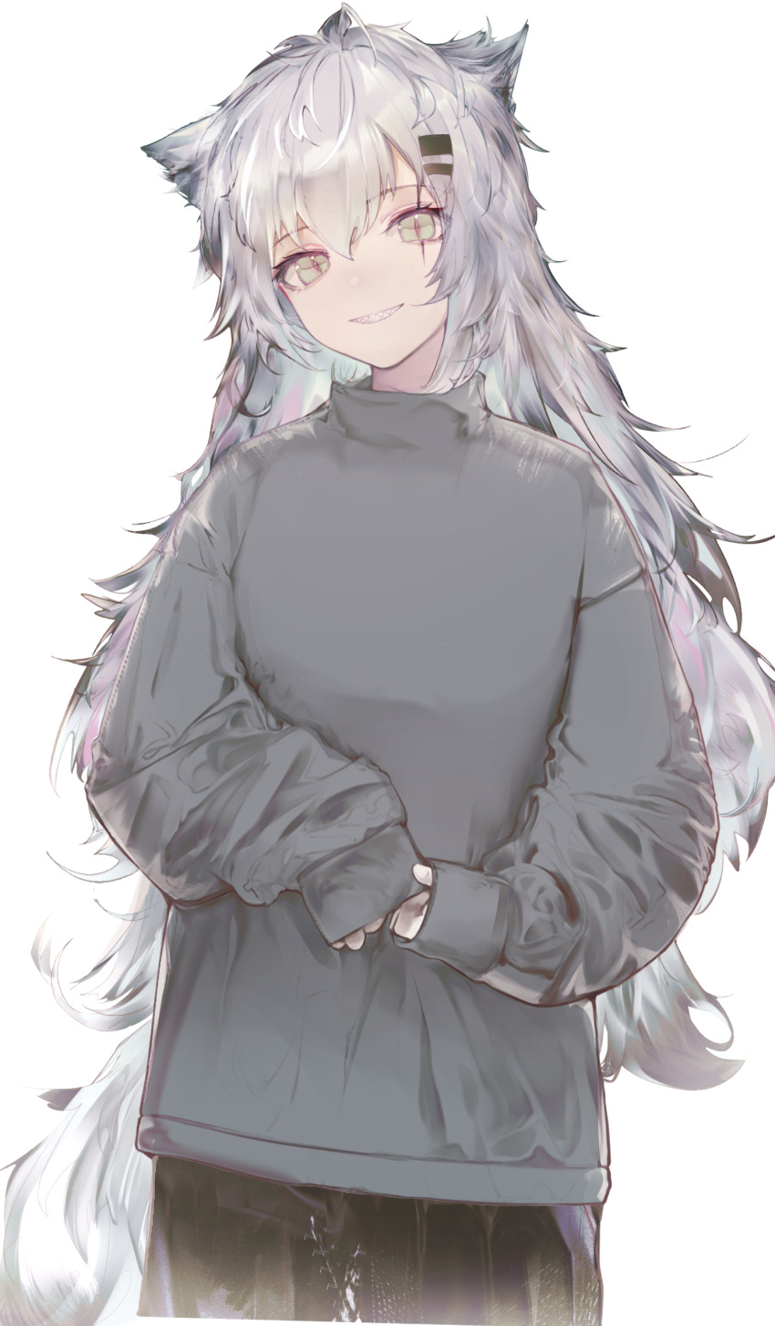 1girl, absurdres, animal_ears, arknights, grey_hair, hair_ornament, hairclip, highres, lappland_(arknights), long_hair, long_sleeves, looking_at_viewer, runamonet, scar, scar_across_eye, scar_on_face, smile, solo, wolf_ears
