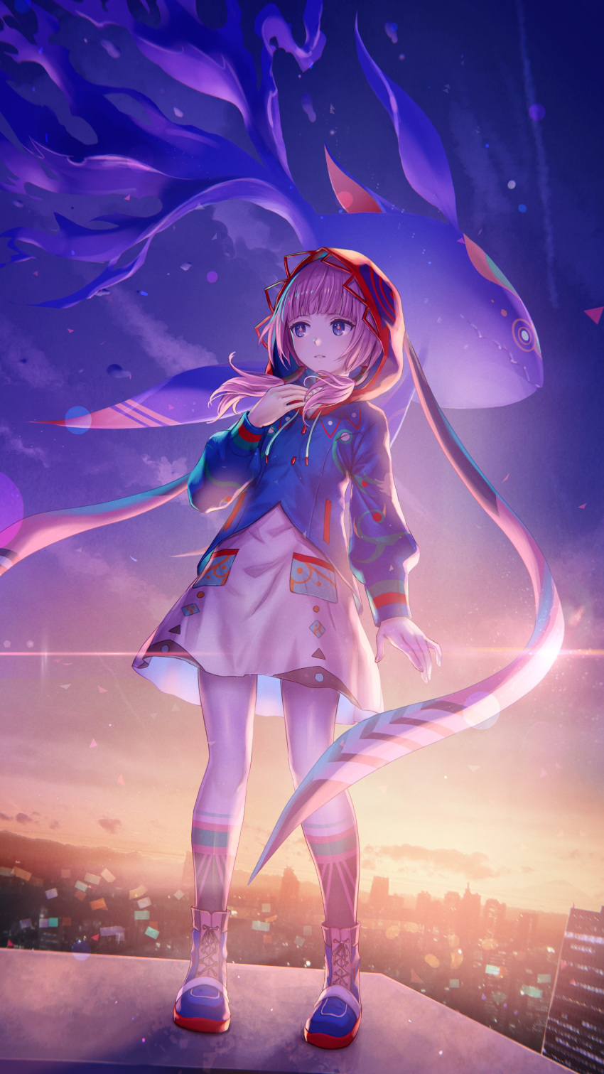 1girl, absurdres, anbe_yoshirou, blue_eyes, blue_jacket, boots, building, cityscape, commentary_request, dress, expressionless, fish, flying_fish, full_body, hand_on_own_chest, highres, hood, hood_up, hooded_jacket, jacket, kaf_(kamitsubaki_studio), kamitsubaki_studio, laplace_(kamitsubaki_studio), multicolored_clothes, multicolored_eyes, multicolored_jacket, multicolored_legwear, on_roof, outdoors, parted_lips, pink_hair, sky, twilight, twintails, two-tone_jacket, virtual_youtuber, yellow_pupils