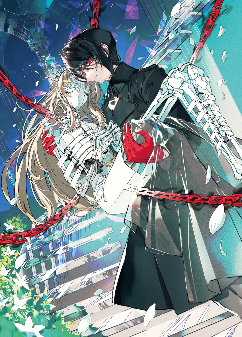 1boy, 1other, absurdres, arch, architecture, black_coat, black_hair, blonde_hair