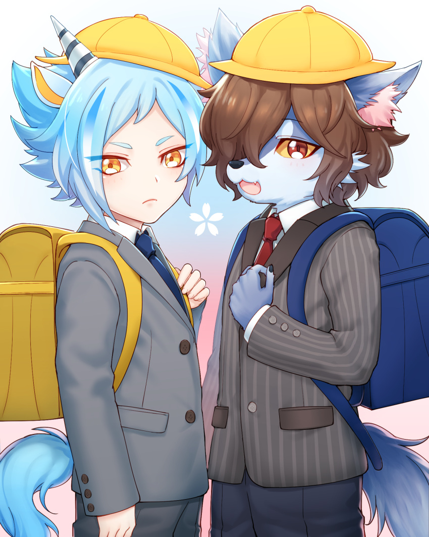 2boys, aged_down, animal_ears, backpack, bag, blue_hair, brown_hair, colored_sclera
