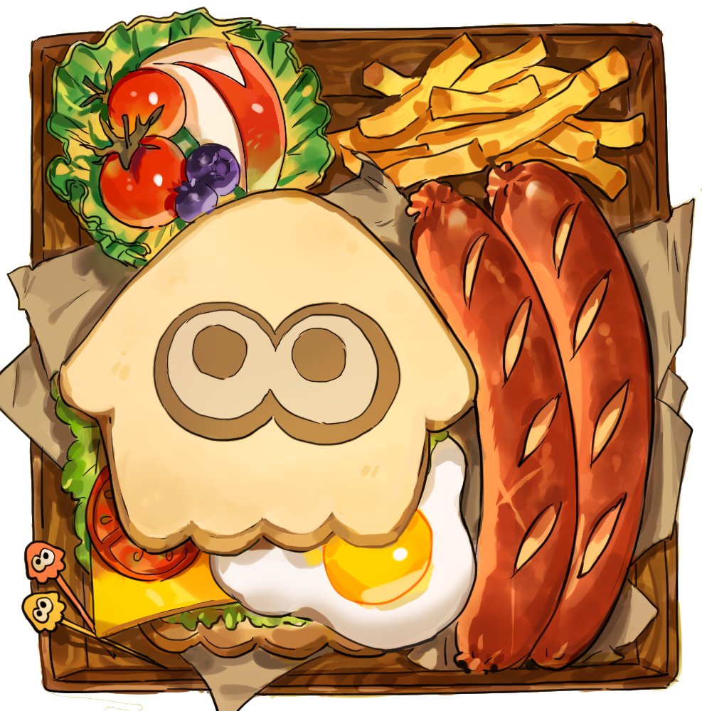 apple, apple_rabbit, apple_slice, blueberry, bread, cheese, cherry_tomato, commentary, egg_(food), english_commentary, food, food_art, french_fries, fried_egg, fruit, gam_(99jellys), lettuce, napkin, no_humans, sandwich, sausage, simple_background, splatoon_(series), splatoon_3, still_life, tomato, tomato_slice, toothpick, tray, white_background