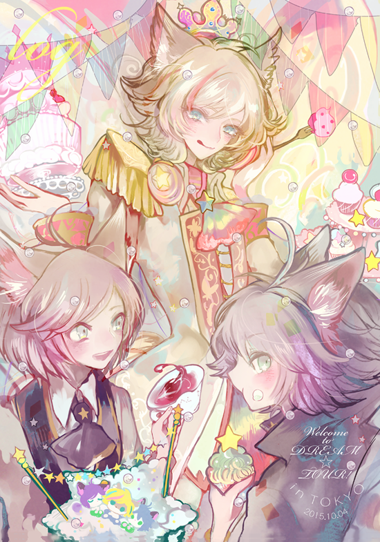 3boys, animal_ears, aqua_eyes, black_hair, blonde_hair, blue_hair, blush, brothers