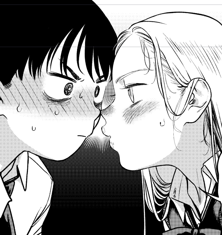 1boy, 1girl, @_@, blush, bow, bowtie, cardigan_vest, close-up, collared_shirt, commentary, eye_contact, face-to-face, fujihara_(haguhagu), gradient_background, greyscale, haguhagu_(rinjuu_circus), hair_behind_ear, highres, long_hair, looking_at_another, monochrome, necktie, original, pout, profile, puckered_lips, sasha_(haguhagu), shirt, sweat, symbol-only_commentary