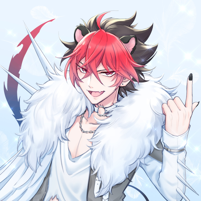 1boy, animal_ears, black_hair, black_nails, brown_eyes, choker, crow_(show_by_rock!!), fur-trimmed_jacket