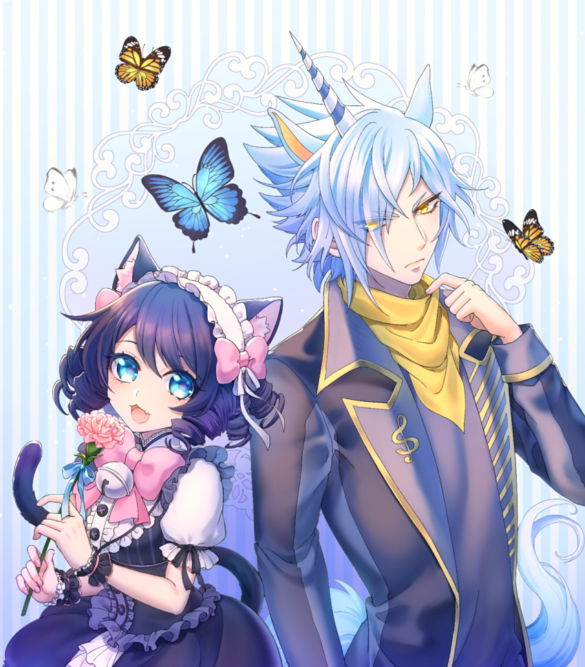 1boy, 1girl, animal_ears, black_hair, blue_background, blue_butterfly, blue_eyes, blue_hair