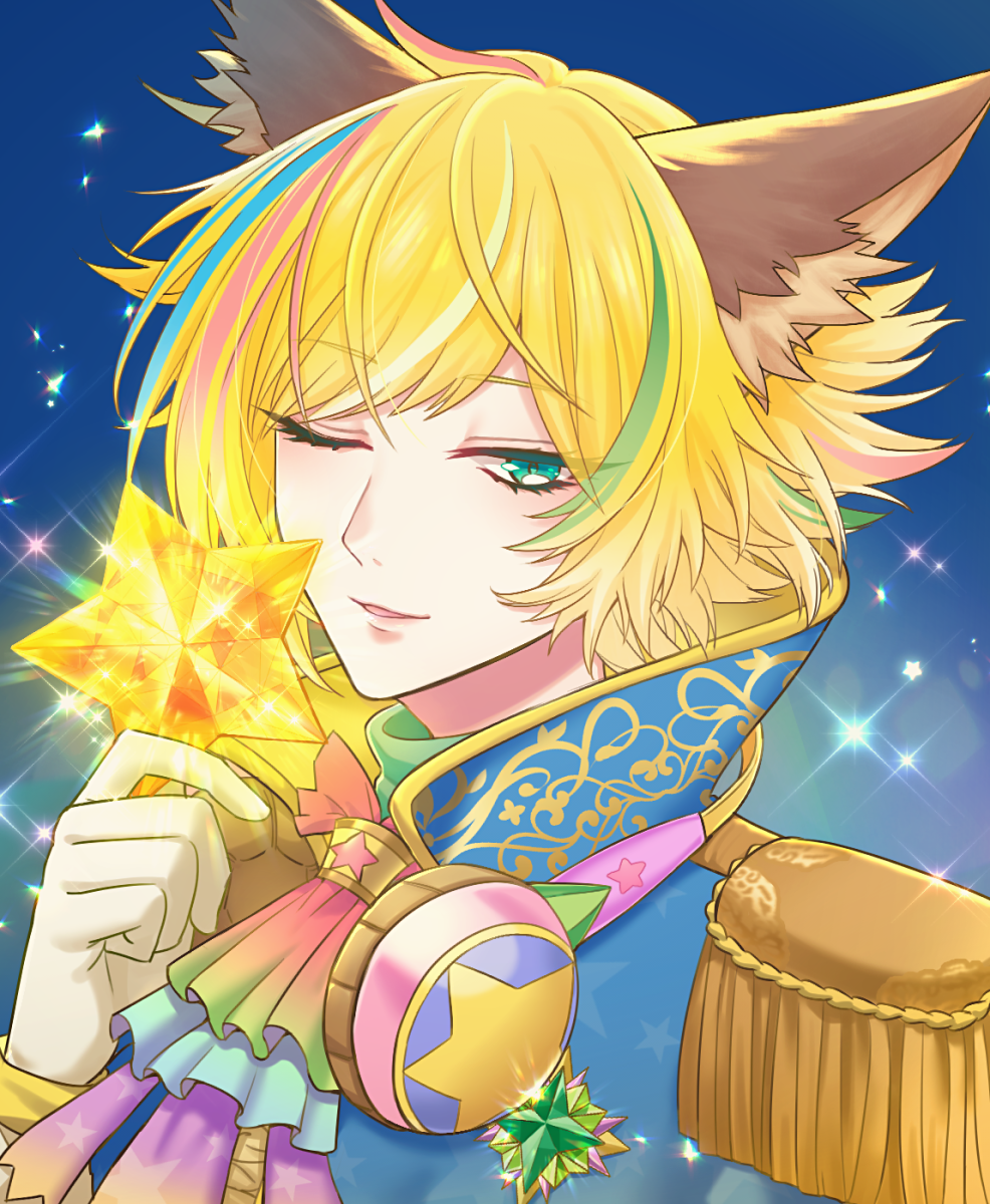 1boy, animal_ears, aqua_eyes, blonde_hair, blue_background, blue_hair, blue_jacket, epaulettes, fox_boy, fox_ears, gloves, gradient_background, green_hair, highres, jacket, light_blue_background, long_sleeves, looking_at_viewer, male_focus, mel6969, multicolored_hair, one_eye_closed, parted_lips, pink_hair, short_hair, show_by_rock!!, shu_zo_(show_by_rock!!), smile, solo, star_(symbol), white_gloves