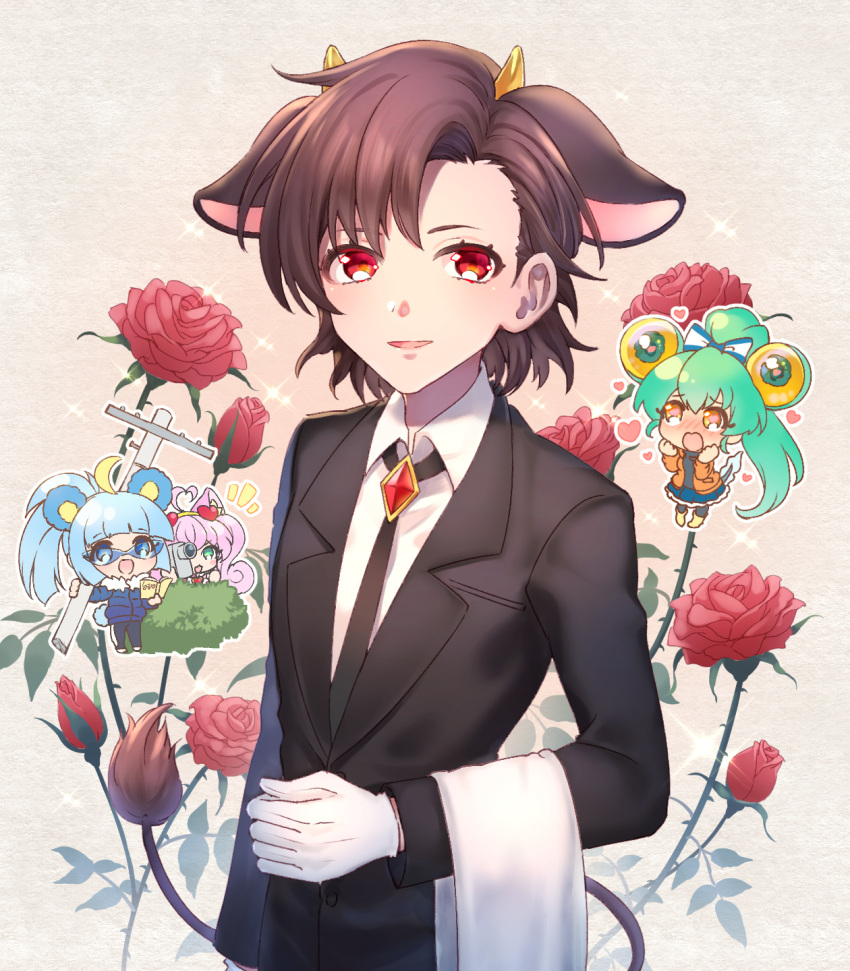 4girls, animal_ears, black_necktie, brown_hair, cat_girl, chibi, collared_shirt, cow_ears