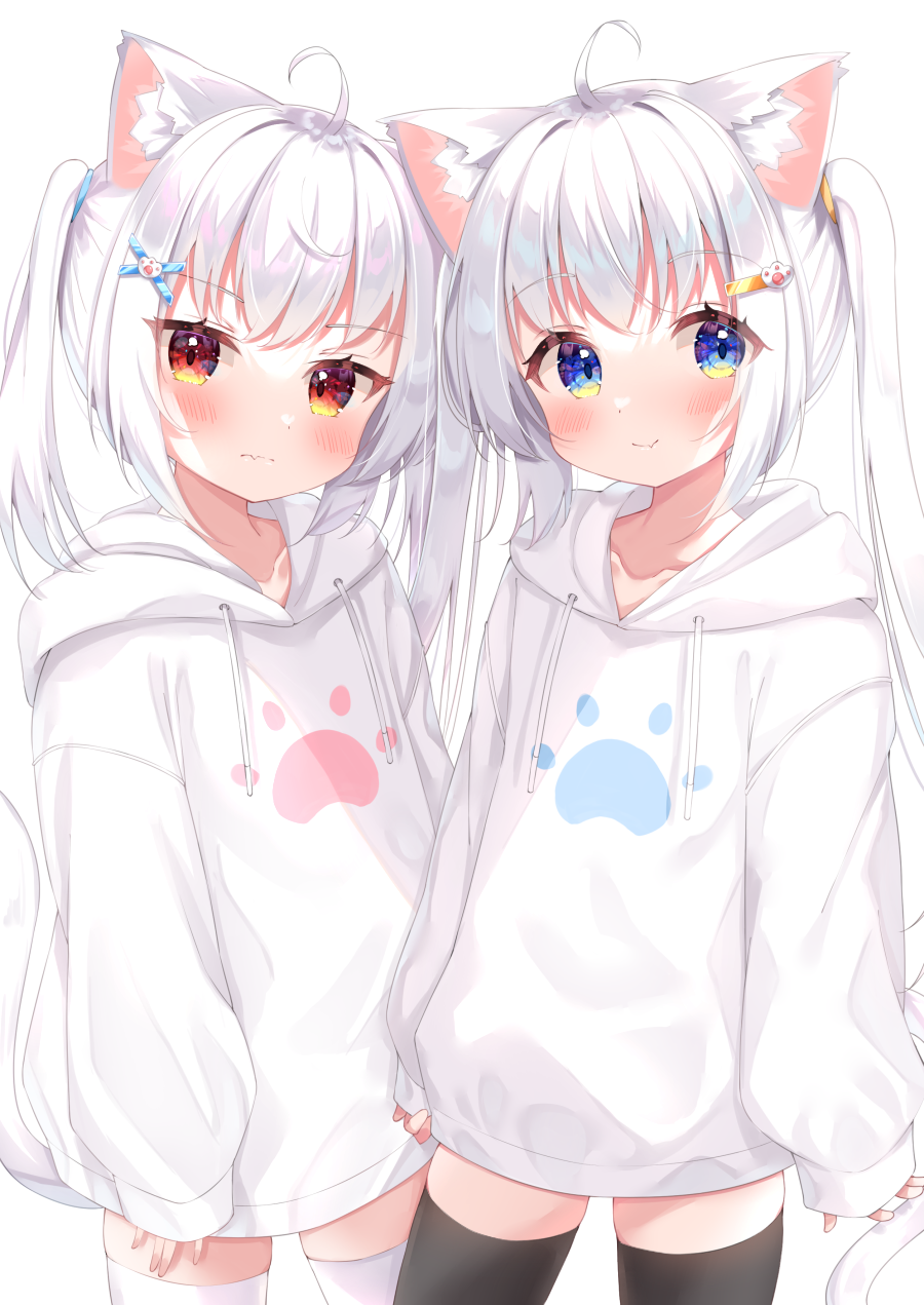 2girls, ahoge, animal_ear_fluff, animal_ears, black_thighhighs, blue_eyes, blush, cat_ears