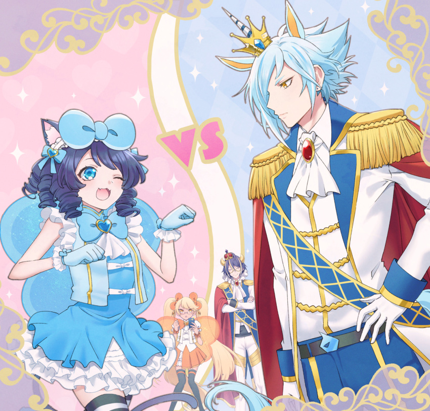 2boys, 2girls, animal_ears, black_hair, blonde_hair, blue_eyes, blue_hair, cat_ears