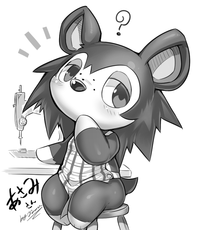 1girl, ?, animal_crossing, animal_ears, animal_feet, animal_nose, apron, artist_name