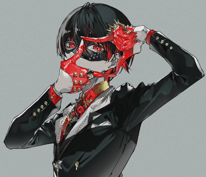 1boy, bangs, black_hair, black_jacket, brass_knuckles, chogakusei, collared_shirt, covering_mouth, domino_mask, expressionless, finger_frame, formal, gloves, grey_background, half_gloves, hands_up, highres, jacket, jewelry, looking_at_viewer, mask, multicolored_hair, mura_karuki, music, necklace, necktie, original, pearl_necklace, portrait, print_necktie, red_eyes, red_gloves, red_shirt, ring, shirt, short_hair, studded_gloves, studded_mask, suit, tuxedo, two-tone_hair, utaite_(singer), very_short_hair, weapon