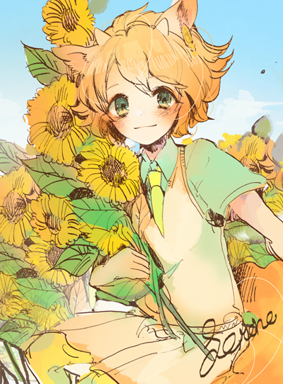1boy, animal_ears, blush, candy_(robbit), closed_mouth, flower, green_eyes, horns