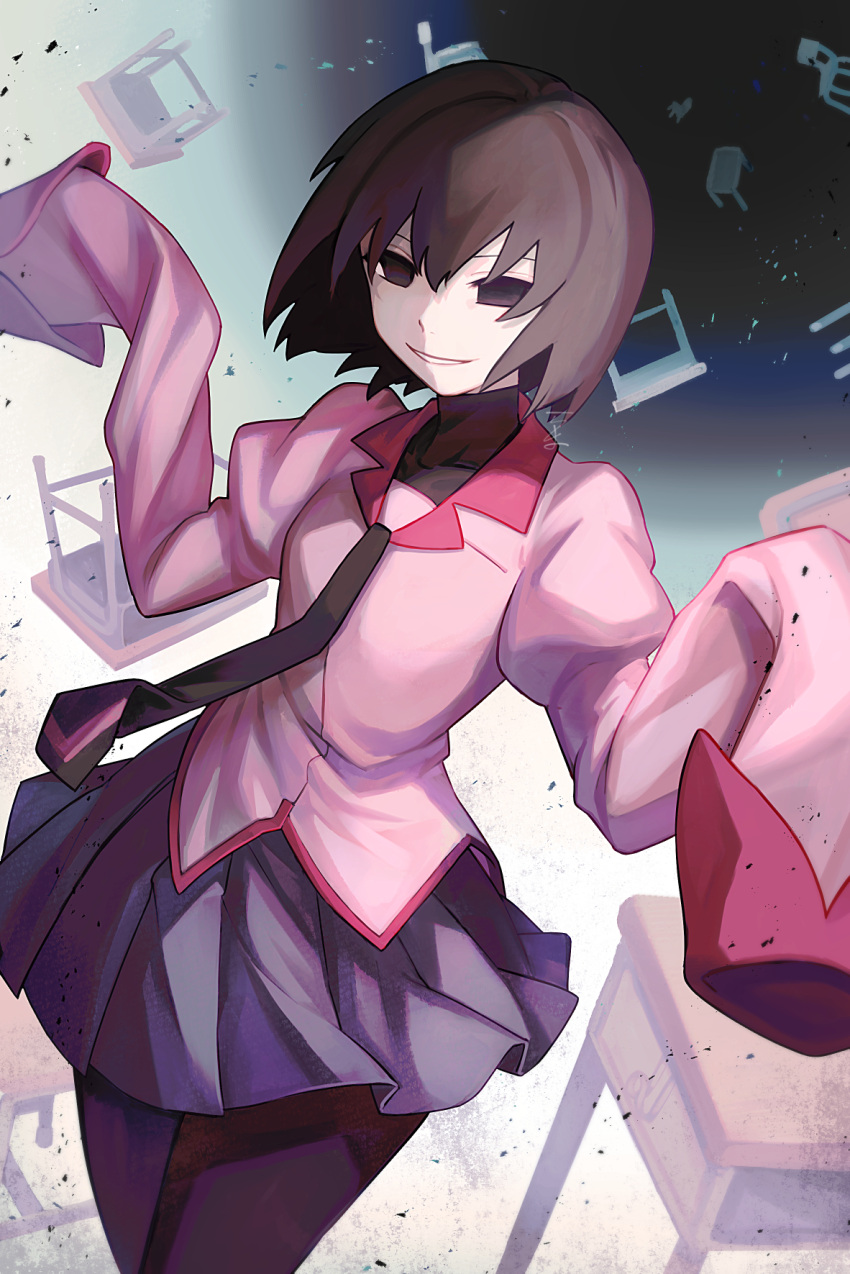1girl, bangs, black_eyes, black_hair, black_hole, black_necktie, black_pantyhose, black_skirt