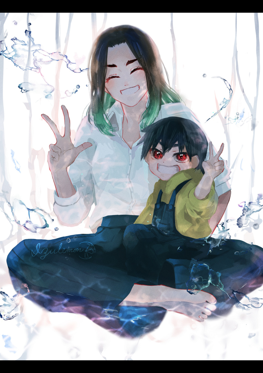 2girls, absurdres, aged_down, bangs, barefoot, black_hair, black_skirt, blue_overalls, blush, closed_eyes, commentary, dress_shirt, eyelashes, female_child, full_body, gaen_tooe, gradient_hair, green_hair, grin, hair_between_eyes, highres, indian_style, izu_lemon, kanbaru_suruga, letterboxed, long_sleeves, looking_at_viewer, magic, medium_hair, monogatari_(series), mother_and_daughter, multicolored_hair, multiple_girls, overalls, parted_hair, parted_lips, red_eyes, shirt, short_hair, sitting, sitting_on_lap, sitting_on_person, skirt, smile, sweater, thick_eyebrows, two-tone_hair, v, v-shaped_eyebrows, w, white_background, white_shirt, white_sweater