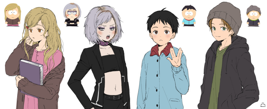 2boys, 2girls, beanie, black_hair, blonde_hair, book, brown_eyes, crop_top
