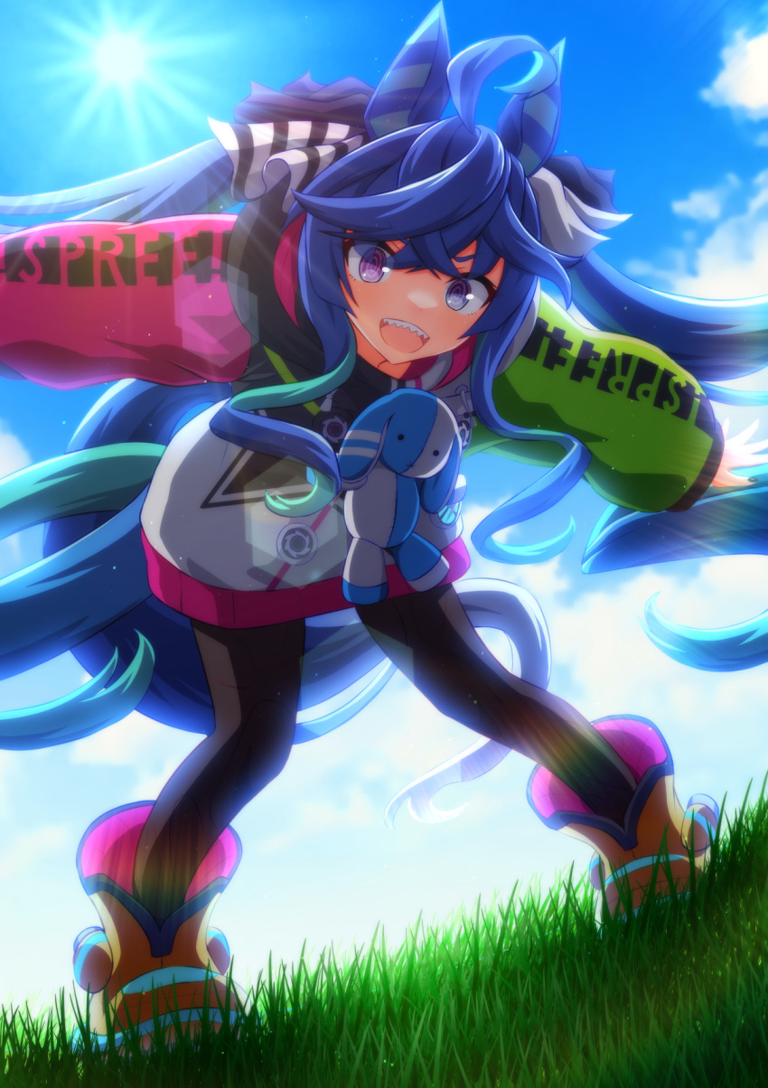1girl, :d, ahoge, animal_ears, ankle_boots, aqua_hair, backlighting, bangs, black_bodysuit, black_ribbon, blue_eyes, blue_hair, blue_sky, bodysuit, boots, clothes_writing, clouds, cloudy_sky, day, grass, hair_ribbon, heterochromia, highres, horse_ears, horse_girl, horse_tail, kei_fukamiki, leaning_forward, lens_flare, long_hair, long_sleeves, looking_at_viewer, multicolored_coat, open_mouth, outdoors, outstretched_arms, ribbon, sharp_teeth, sidelocks, sky, smile, solo, spread_arms, standing, stuffed_animal, stuffed_rabbit, stuffed_toy, sun, sunlight, tail, teeth, twin_turbo_(umamusume), twintails, umamusume, very_long_hair, violet_eyes, yellow_footwear