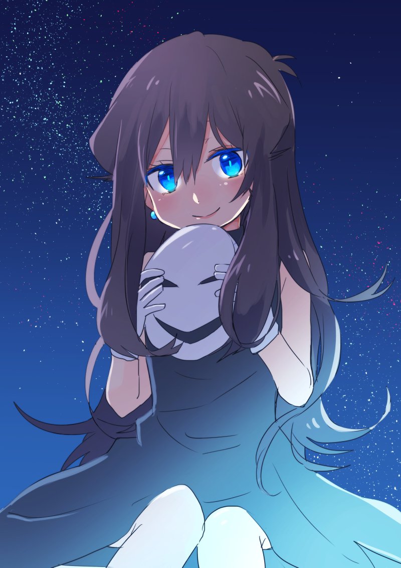 1girl, bangs, bare_arms, black_dress, blue_eyes, brown_hair, closed_mouth, commentary_request