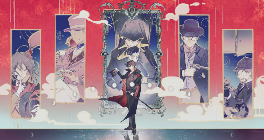 6+boys, abstract_background, absurdres, angel, bangs, black_cape, black_cloak, black_footwear
