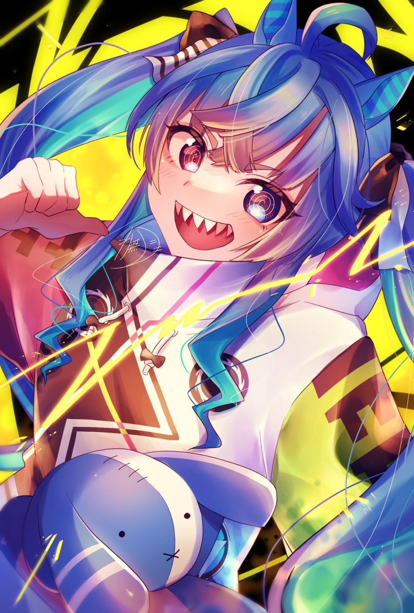 1girl, ahoge, animal_ears, aqua_hair, artist_name, bangs, black_ribbon, blue_eyes, blue_hair, clothes_writing, drawstring, electricity, hair_ribbon, heterochromia, highres, hood, hood_down, hooded_coat, horse_ears, horse_girl, long_hair, long_sleeves, looking_at_viewer, multicolored_coat, open_mouth, pointing, pointing_at_self, ribbon, sharp_teeth, sidelocks, signature, smile, solo, stuffed_animal, stuffed_rabbit, stuffed_toy, teeth, twin_turbo_(umamusume), twintails, umamusume, violet_eyes, wosiwosi