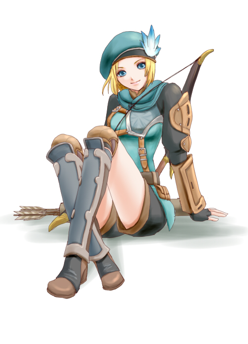 1girl, aqua_headwear, arrow_(projectile), avatar_(ff11), beret, black_gloves, black_shorts, blonde_hair