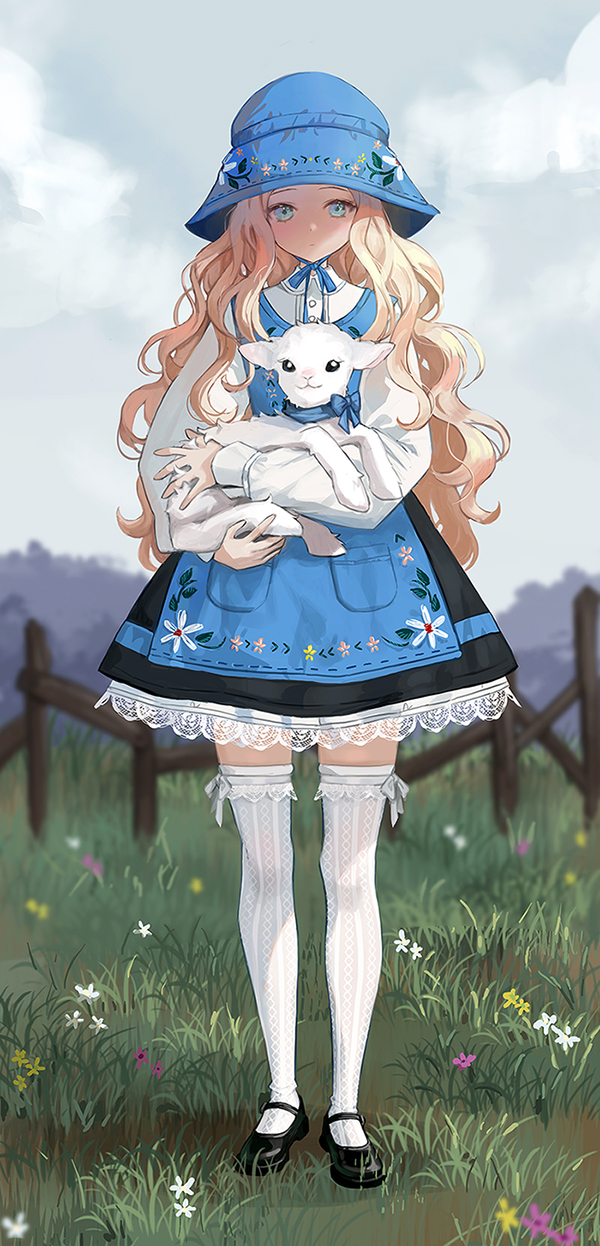 1girl, black_footwear, blonde_hair, blue_dress, blue_headwear, bucket_hat, carrying, dress, flower, full_body, goat, grass, hat, highres, long_hair, looking_at_viewer, mary_janes, original, oto1_030, outdoors, pinafore_dress, shirt, shoes, thigh-highs, very_long_hair, white_shirt, white_thighhighs