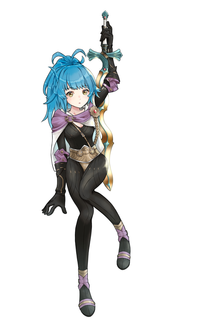 1girl, absurdres, antenna_hair, bangs, black_bodysuit, black_gloves, blue_eyes, bodysuit, buckle, cape, commentary, earrings, elbow_gloves, fire_emblem, fire_emblem_heroes, full_body, gloves, highres, holding, holding_sword, holding_weapon, howaito_gyuunyuu, jewelry, long_hair, looking_at_viewer, parted_lips, ponytail, reginn_(fire_emblem), solo, sword, weapon, white_background, white_cape, yellow_eyes