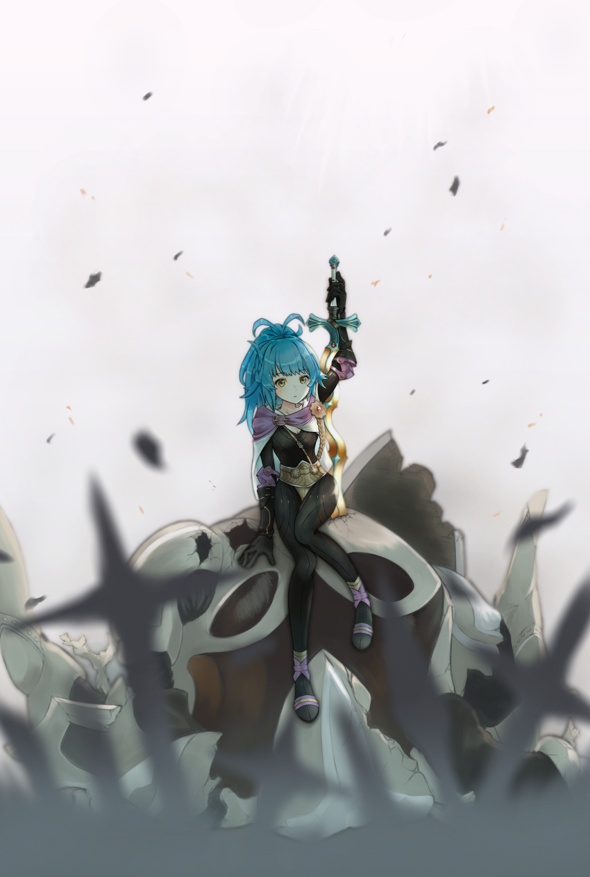 1girl, absurdres, antenna_hair, bangs, black_bodysuit, black_gloves, blue_eyes, bodysuit, buckle, cape, commentary, earrings, elbow_gloves, fire_emblem, fire_emblem_heroes, full_body, gloves, highres, holding, holding_sword, holding_weapon, howaito_gyuunyuu, jewelry, long_hair, looking_at_viewer, mecha, parted_lips, planted, planted_sword, ponytail, reginn_(fire_emblem), robot, solo, sword, weapon, white_cape, yellow_eyes