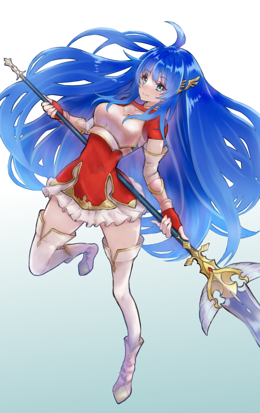 1girl, absurdres, armor, bangs, blue_eyes, blue_hair, boots, breastplate