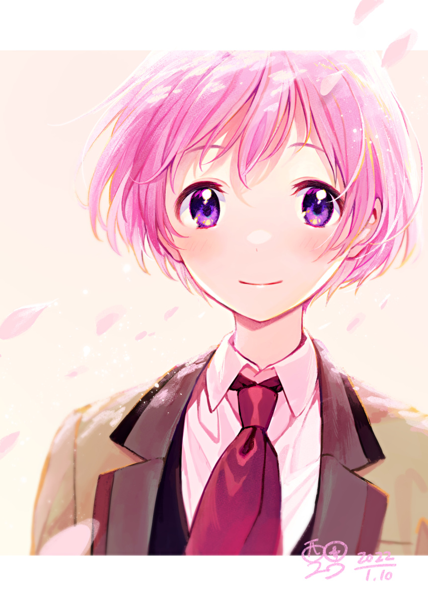1boy, androgynous, bangs, blazer, blush, cherry_blossoms, collared_shirt, falling_petals