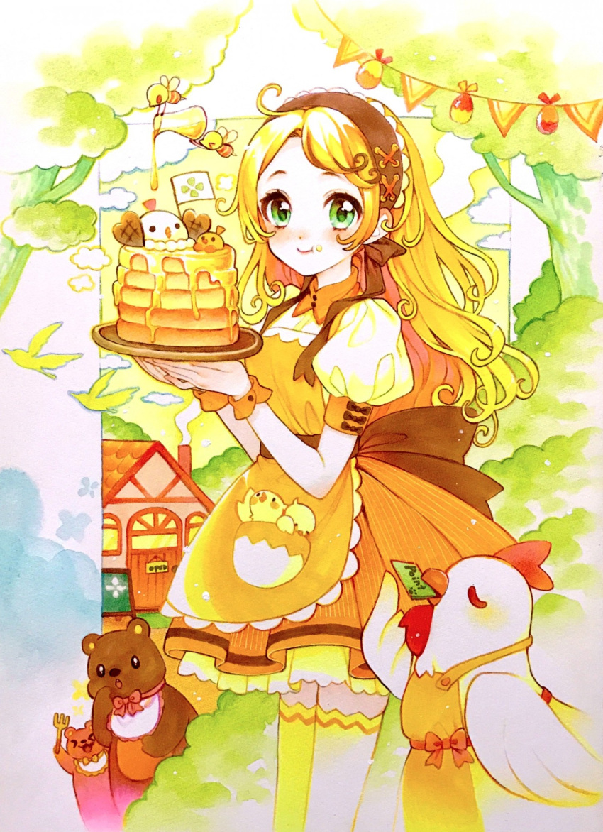 1girl, apron, back_bow, bangs, bear, bee, bib, bird