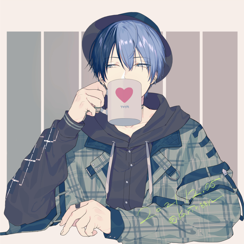 1boy, aoyagi_touya, asymmetrical_sleeves, bandaid, bandaid_on_hand, bangs, black_headwear, black_hoodie