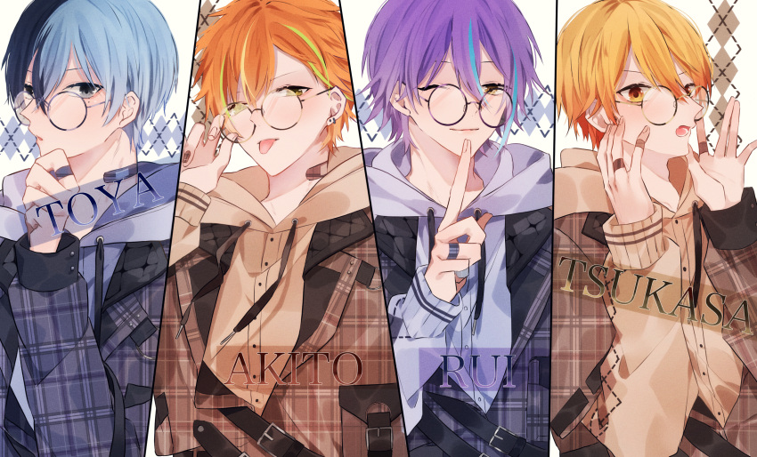 4boys, adjusting_eyewear, aoyagi_touya, aqua_hair, argyle, argyle_background, bandaid, bandaid_on_hand