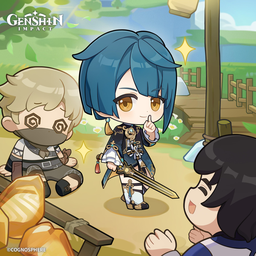 3boys, :d, @_@, ^_^, absurdres, arm_scarf, asymmetrical_hair, bandana, bandana_over_mouth, bangs, black_hair, blonde_hair, blue_coat, blue_hair, blue_sky, blush, boots, bridge, brown_bandana, brown_pants, cart, chibi, chinese_clothes, clapping, closed_eyes, closed_mouth, clouds, coat, commentary, company_name, copyright_name, cor_lapis_(genshin_impact), crystal, day, dazed, earrings, english_commentary, finger_to_mouth, frilled_sleeves, frills, genshin_impact, gold_trim, grass, hand_up, highres, holding, holding_sword, holding_weapon, jewelry, lamppost, long_sleeves, looking_at_viewer, mountain, multiple_boys, official_art, open_mouth, outdoors, pants, parted_bangs, prototype_rancour_(genshin_impact), rock, shirt, shitou_(genshin_impact), short_hair, shushing, sidelocks, single_earring, sitting, sky, smile, sparkle, standing, sword, tassel, tassel_earrings, treasure_hoarder_(genshin_impact), tree, watermark, weapon, white_footwear, white_shirt, wide_sleeves, wooden_bridge, xingqiu_(genshin_impact), yellow_eyes