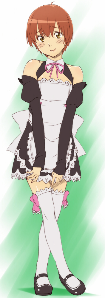 androgynous, apron, bare_shoulders, blush, brown_eyes, brown_hair, crossdressinging, frills, hourou_musuko, legs_crossed, mary_janes, nitori_shuuichi, sawa_jaaji, shoes, short_hair, sitting, smile, thighhighs, trap, waitress, zettai_ryouiki
