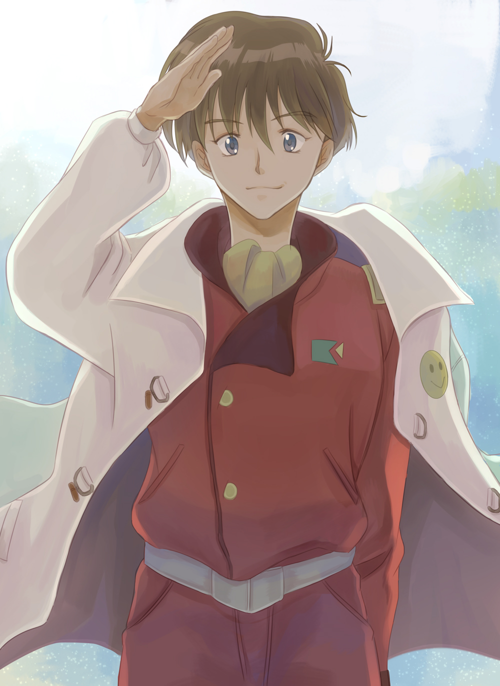 1boy, arm_up, badge, belt, blue_eyes, brown_hair, button_badge, coat