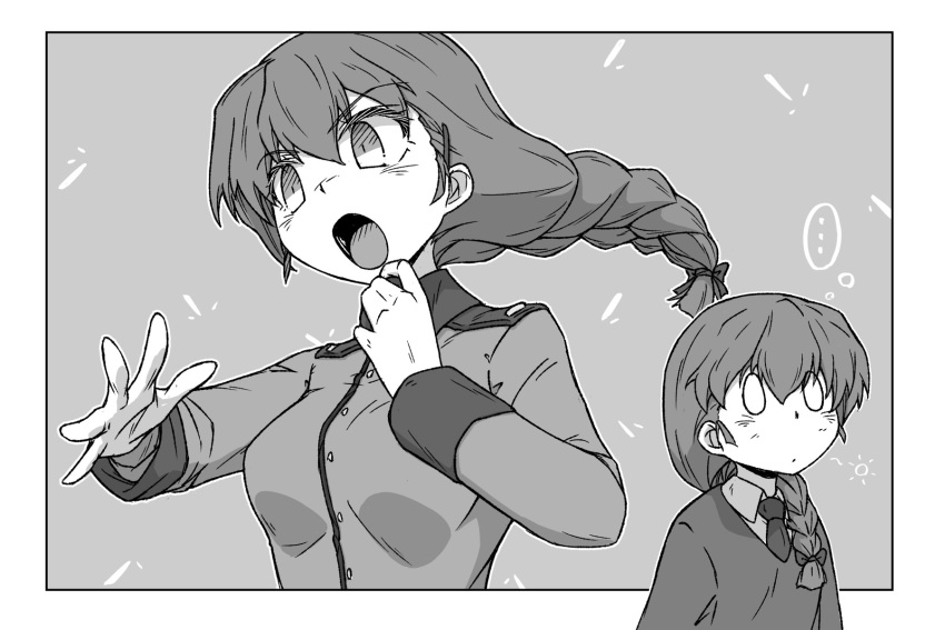 ..., 1girl, bangs, blank_eyes, braid, braided_ponytail, commentary, dress_shirt