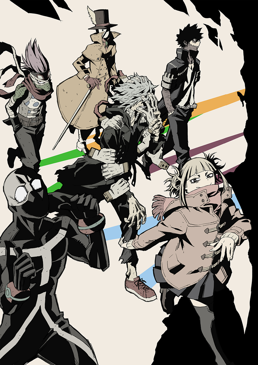 1girl, 5boys, alternate_eye_color, annoyed, arm_behind_back, bags_under_eyes, bandaged_arm, bandages