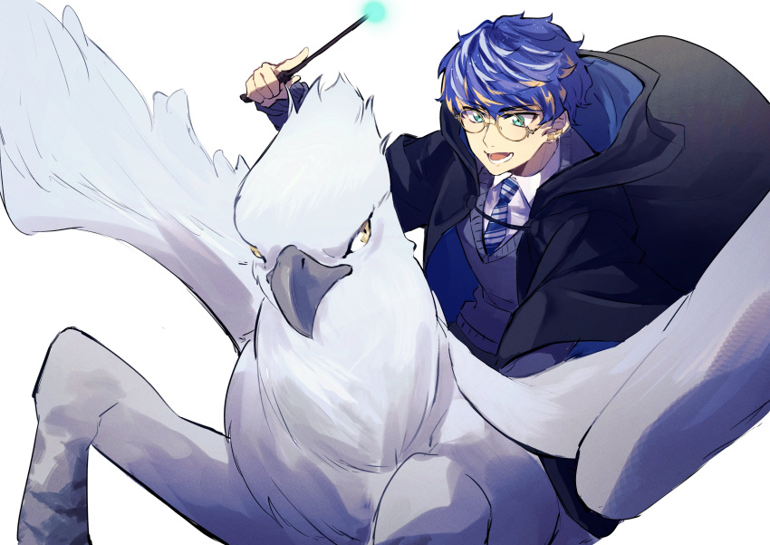 1boy, :d, absurdres, akaie11, aqua_eyes, astel_leda, bangs, bespectacled