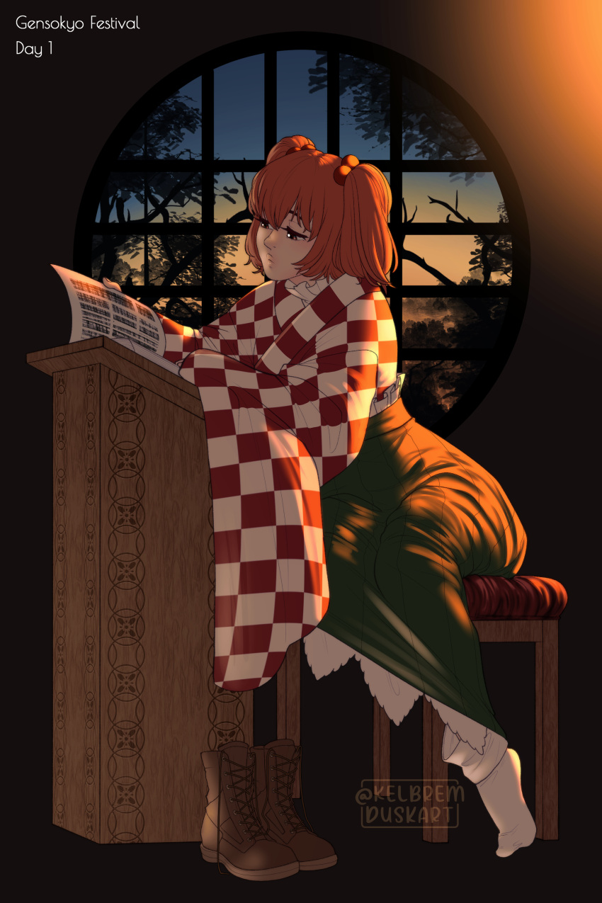 1girl, absurdres, bangs, checkered_clothes, checkered_kimono, closed_mouth, commentary, english_commentary