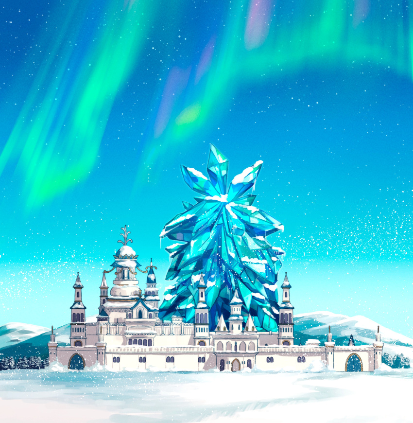 absurdres, aurora, blue_sky, castle, crystal, fantasy, highres, milly_(illst)